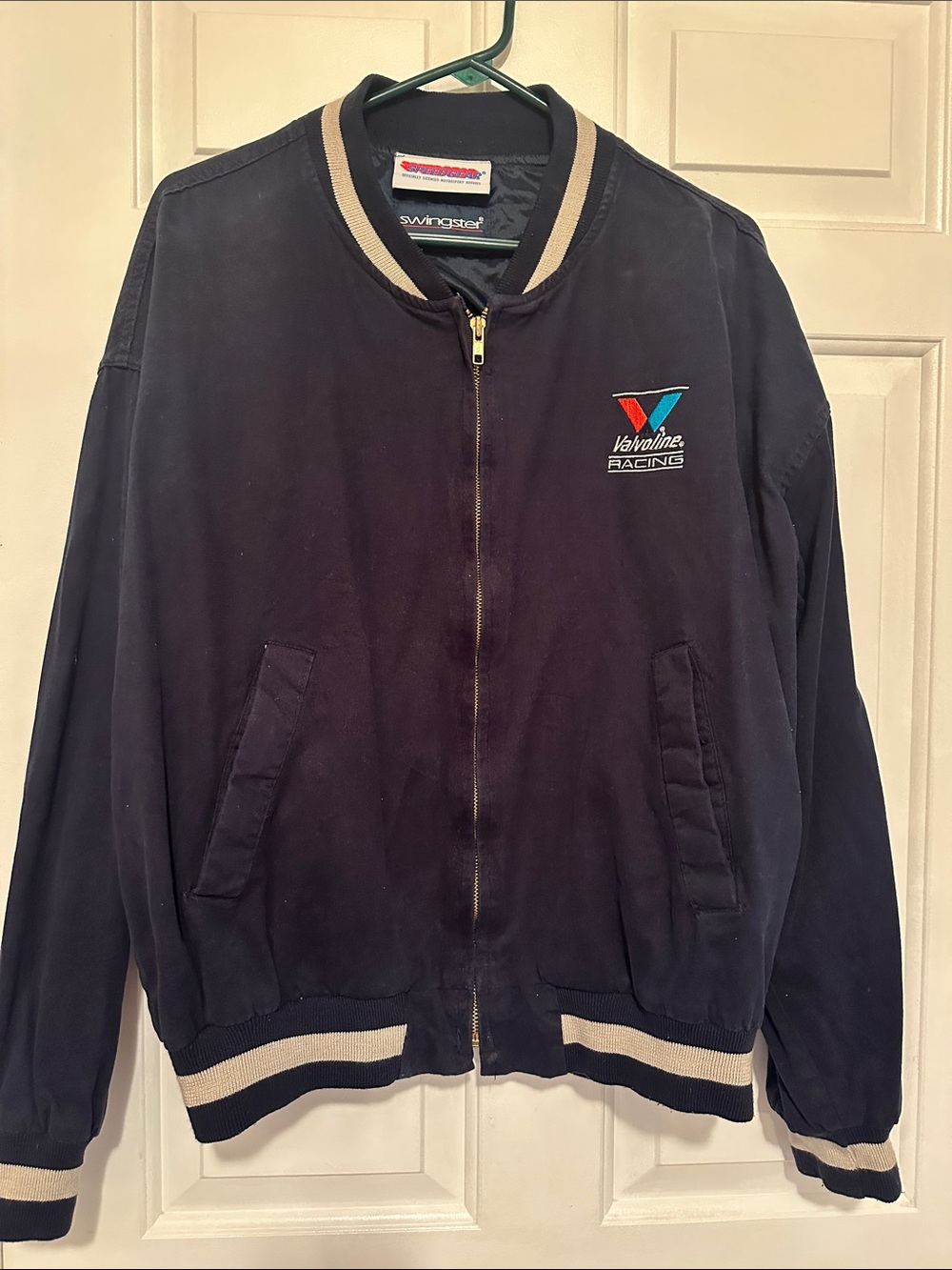 EUC Men's Vintage XL Valvoline, racing speedgear jacket navy Tan w back emblem